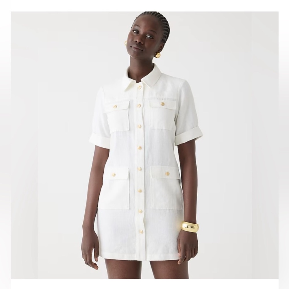 J.Crew Gamine Linen White Short Sleeve Button-Up Pocket Dress Sz 4 NWT